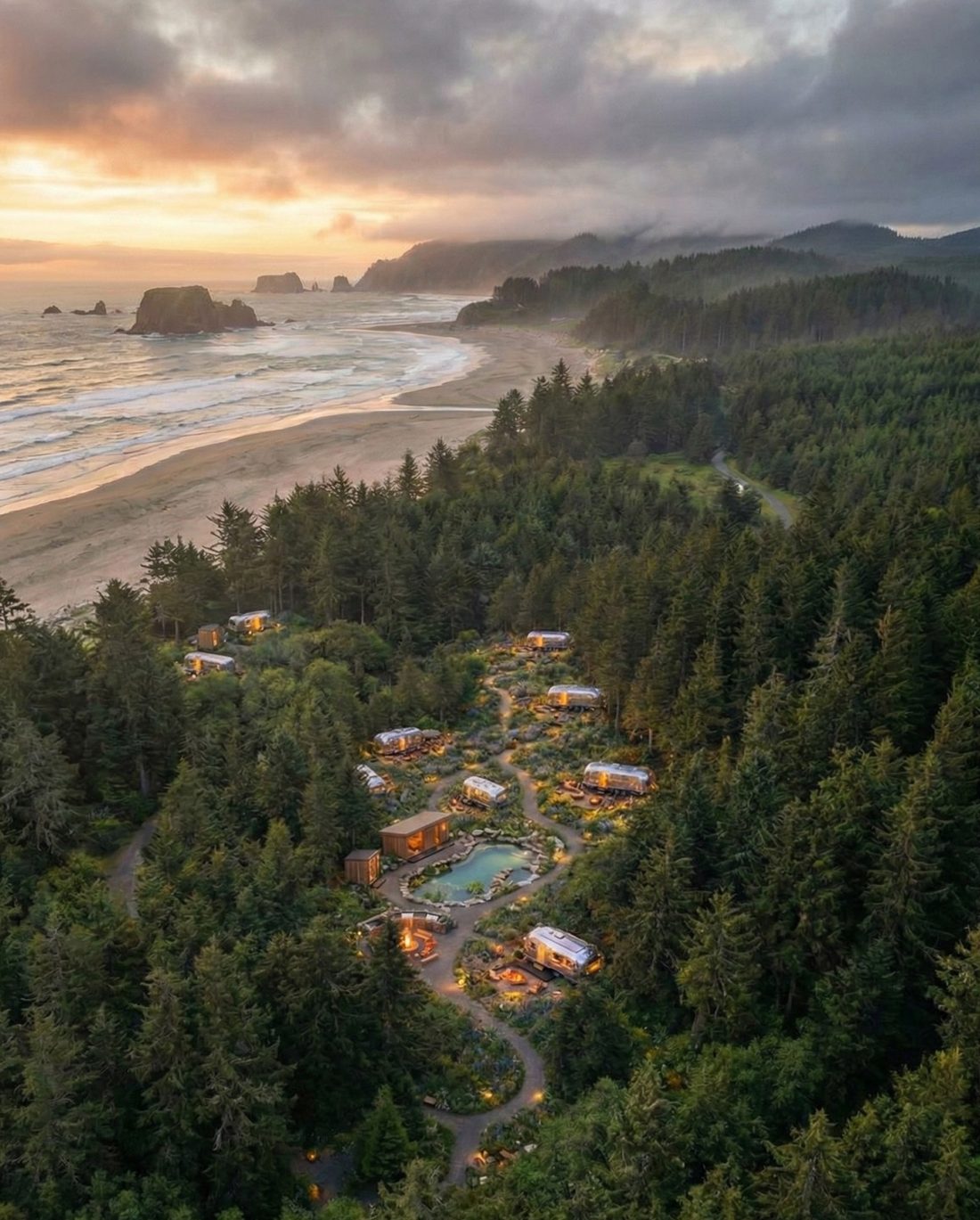 Concept rendering: aerial view of the coastline with the resort tucked into the trees