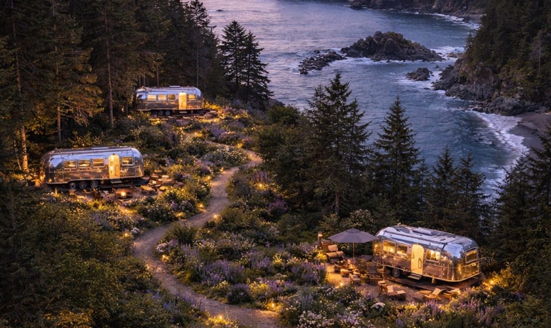 Concept rendering: Airstreams on a forested bluff above a sheltered cove
