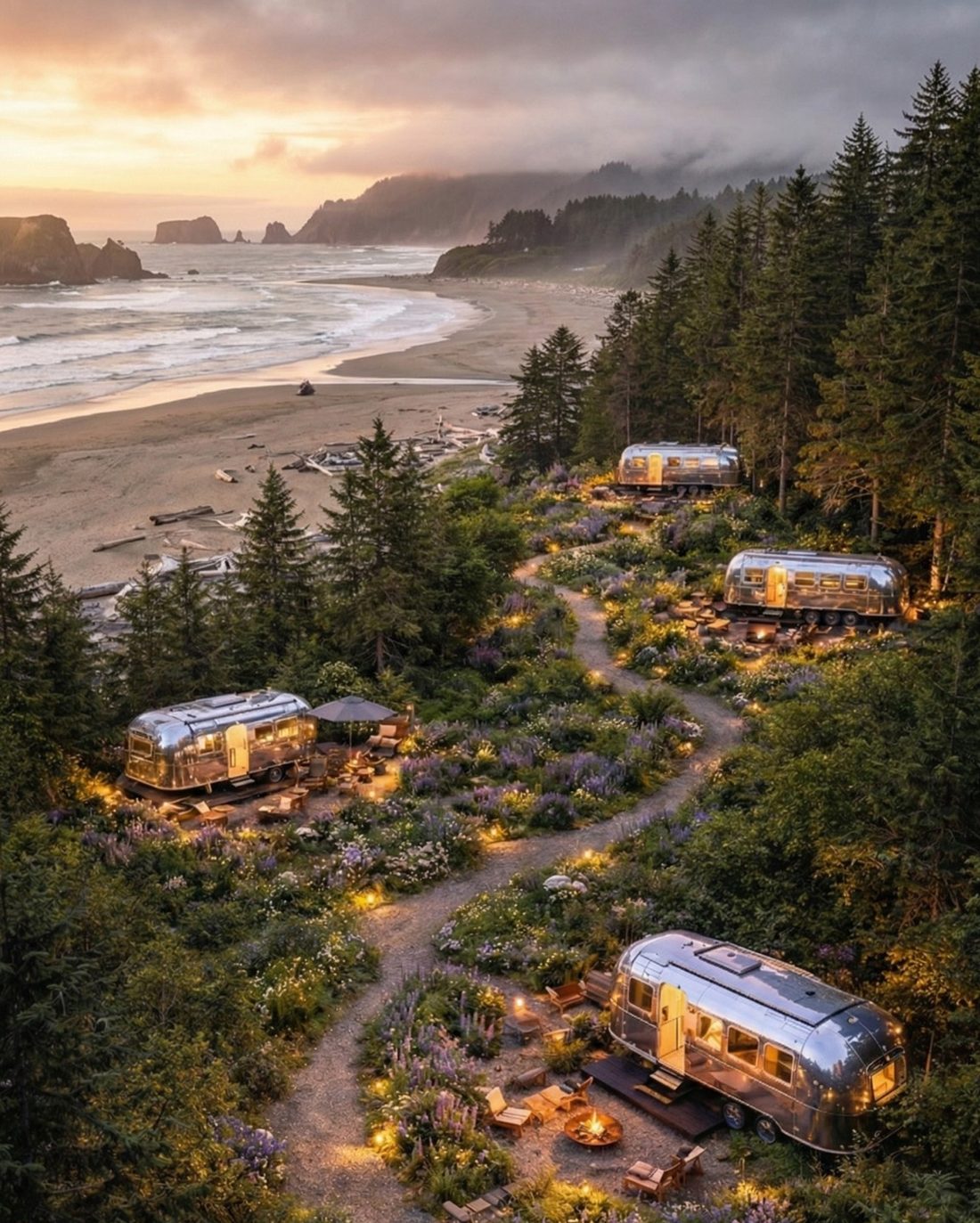 Concept rendering: RV sites set apart by planting along a lit gravel path, with the beach beyond