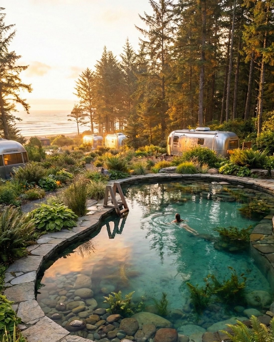 Concept rendering: a natural swimming pond at golden hour with a swimmer and the sea behind