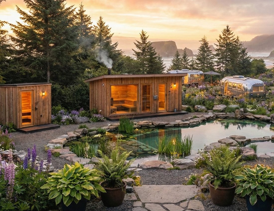 Concept rendering: the timber sauna beside the natural swimming pond