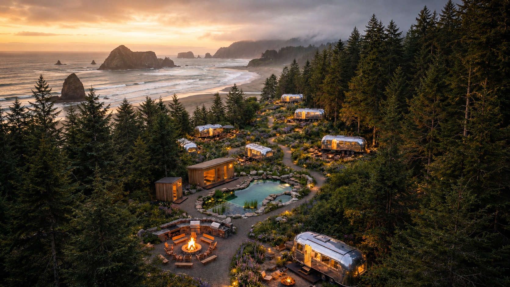 Aerial view of Van Isle Dreamery Estates — Airstream sites, natural swimming pond, fire-pit lounge and cabins set between coastal forest and beach at dusk