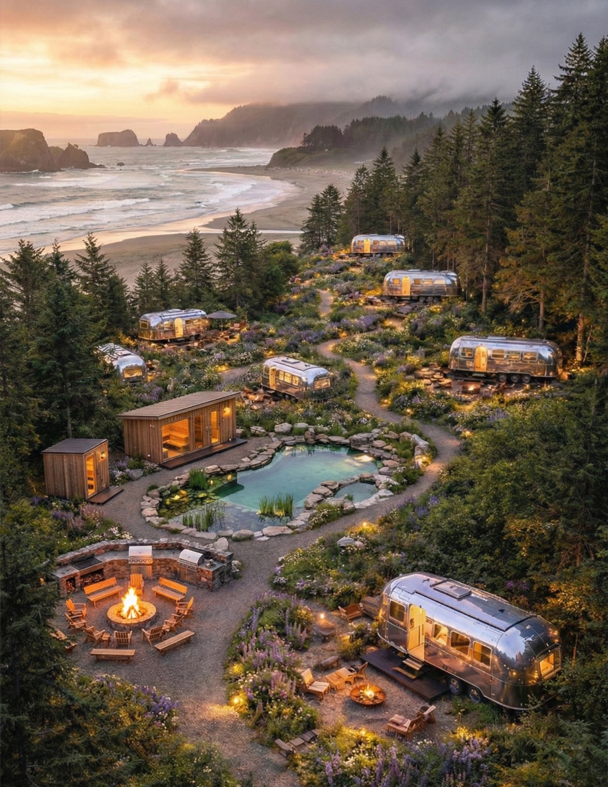 Van Isle Dreamery Estates — coastal RV resort concept at dusk